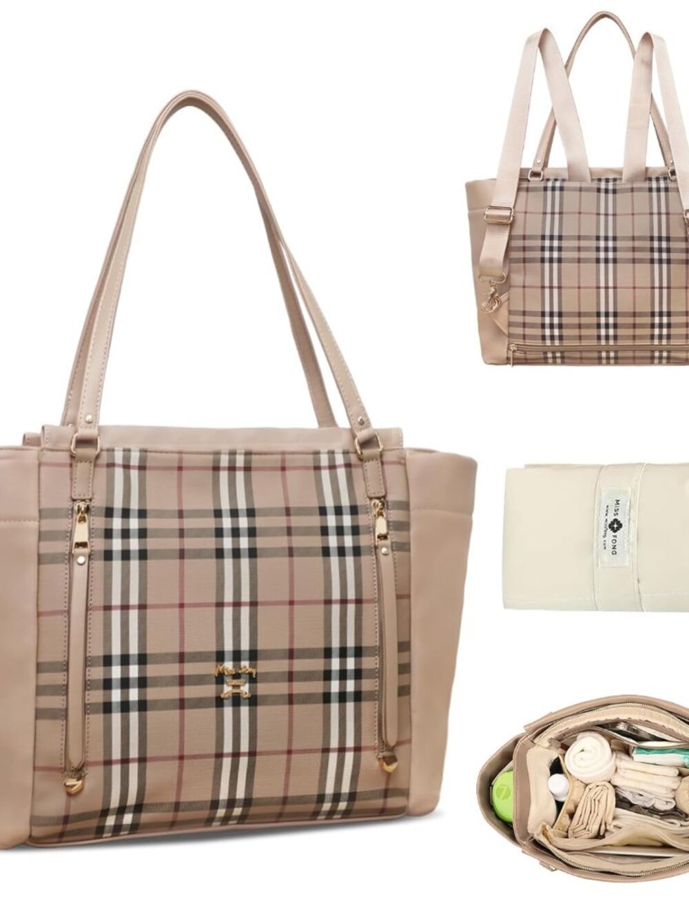 Checkered Diaper Bag Tote - Leather Diaper Bag Backpack, Large Capacity Mommy Ba